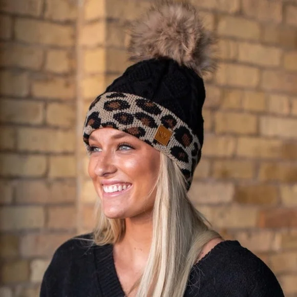 Classic black cap for versatile outfit pairing -Black Leopard Cable Knit Faux Fur Pom Fleece Lined Women's Winter Beanie Hat