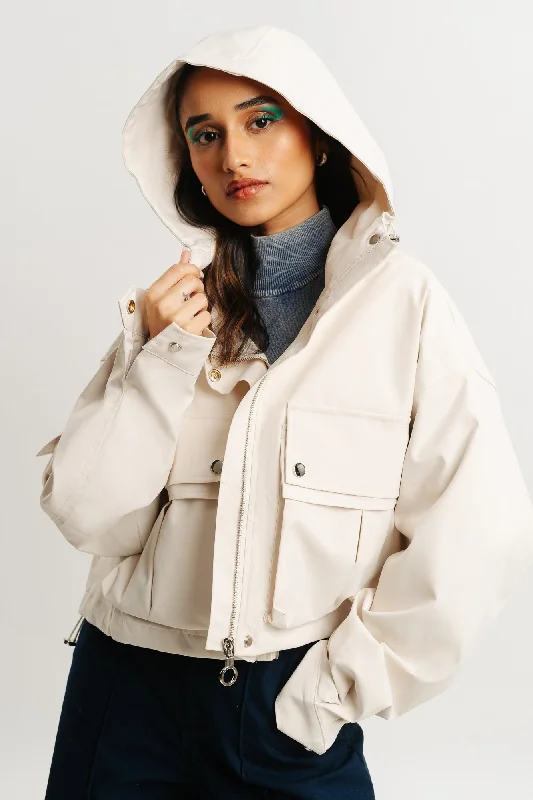 Padded Jackets for Extra Warmth -White Hood Cargo Pocket Jacket