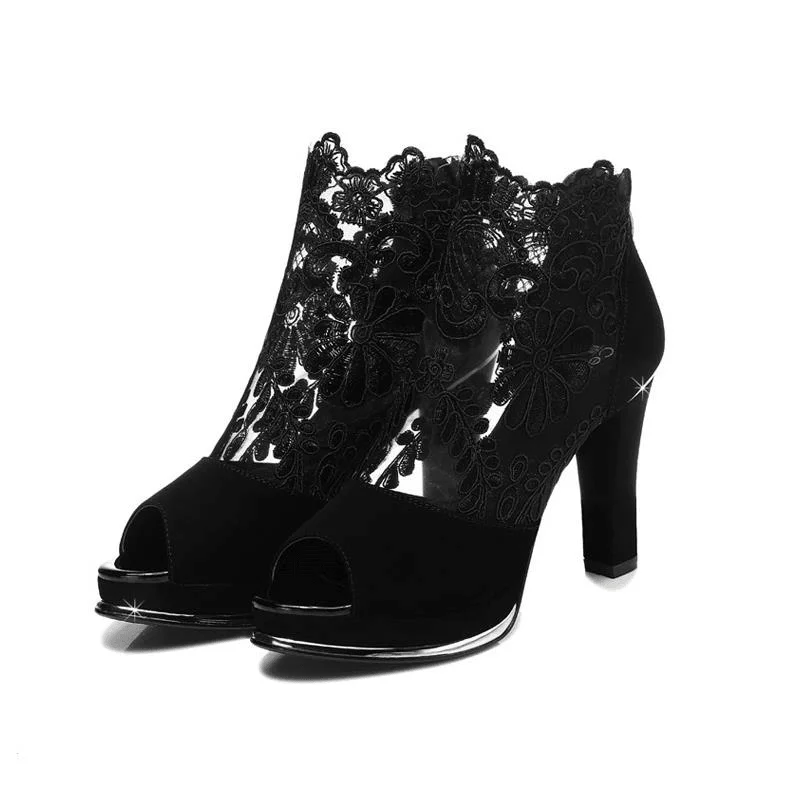 Ladies shoes with trendy mules slide on -Women Black Mesh Lace Peep Toe High Heel Pumps