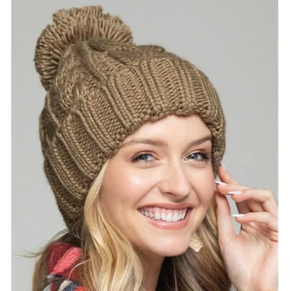 Premium snapback cap with flat bill design -Taupe Solid Cable Knit Basic Pompom Beanie Women's Winter Hat