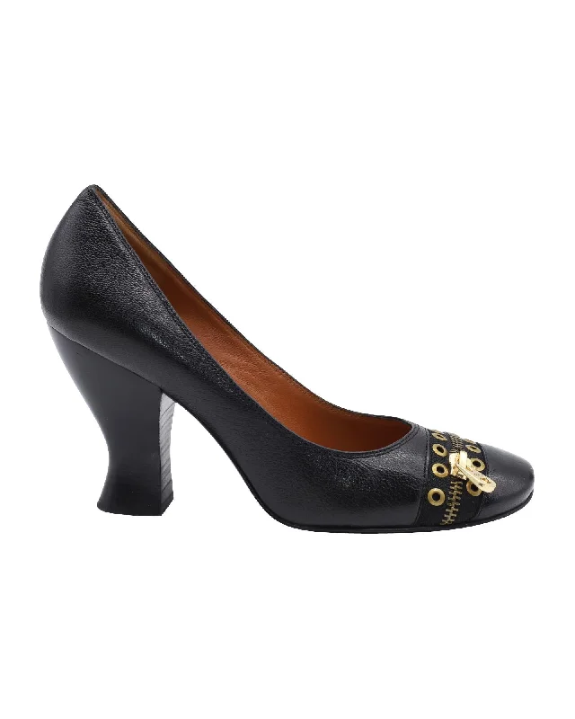 Ladies shoes with chunky heels feel trendy -Zipper Grommet Black Leather Pumps by Marc Jacobs