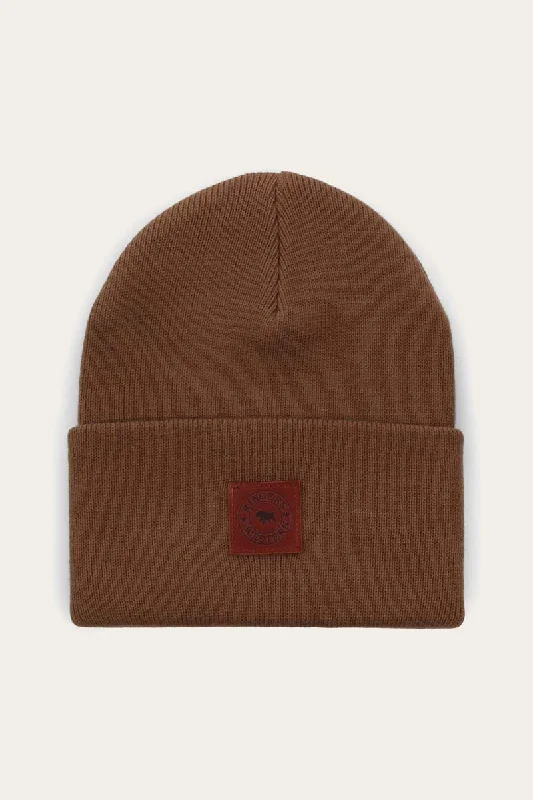 Premium leather cap with stitched logo detail -Everett Beanie - Clay