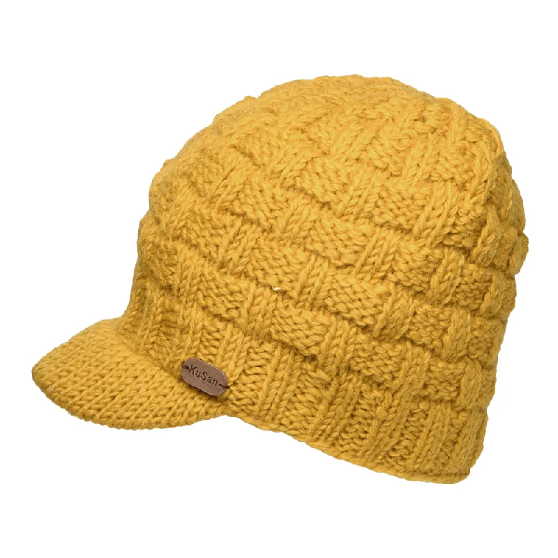 Wool sports cap for chilly game nights -Kusan Basket Weave Peaked Beanie Hat - Yellow