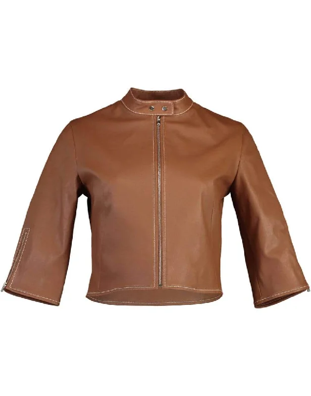 Khaki Jackets for Casual -Cropped Tab Collar Biker Jacket - Cognac