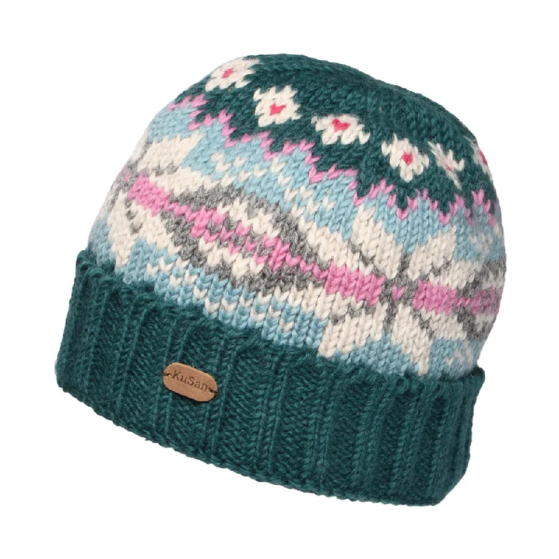 Bright cap for fun festival outfits -Kusan Snowflake Turn Up Beanie Hat - Teal-Aqua