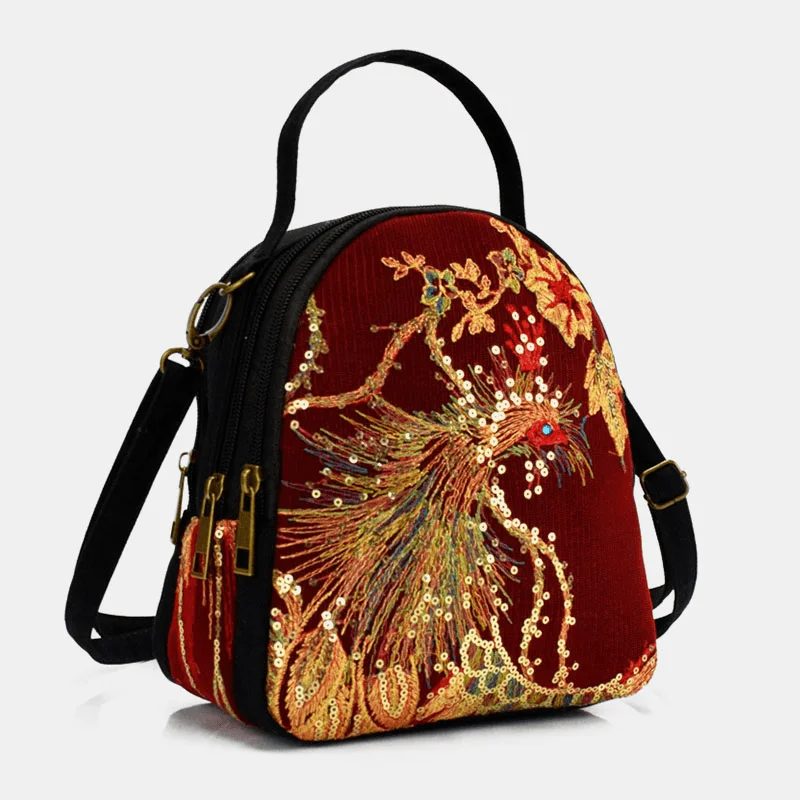 Linen Mini Dresses for Breathable Wear -Women Canvas Ethnic Style Embroidery Peacock Pattern Sequin Mini Multi-Carry Handbag Crossbody Bag