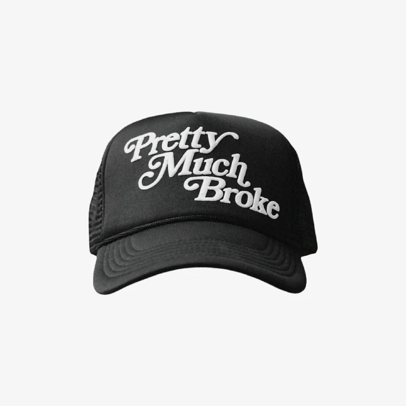 Black baseball cap for sleek all-black looks -APTHCRY 'Pretty Much Broke' Trucker Snapback Cap Black