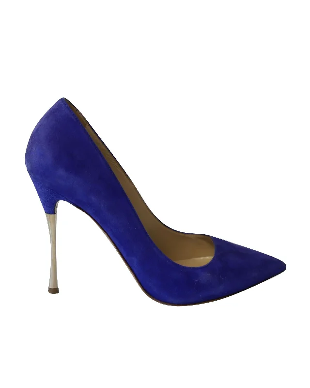 Ladies shoes for winter keep feet warm -Blue Suede Pointed Toe Pumps with Metal Heels