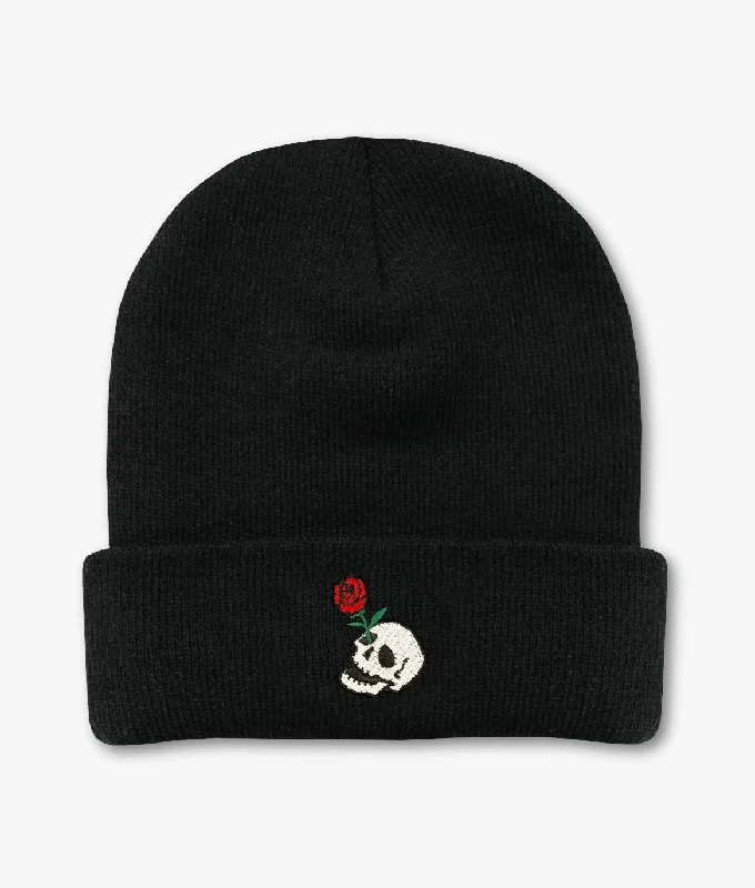 Wool blend cap for cozy fall fashion -Skull Rose Embroidered Beanie