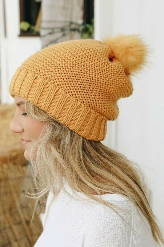 Bright cap for fun festival outfits -Mustard Pom Faux Sherpa Lined Knit Beanie Winter Womens Hat