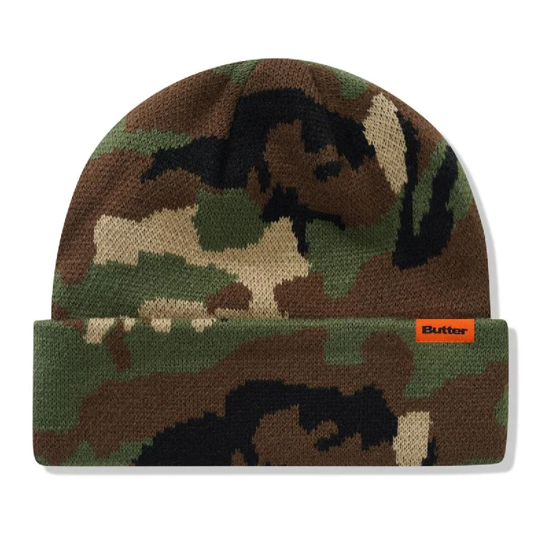 Denim cap with faded wash texture -Butter Goods - Camo Cuff Beanie Woodland Camo