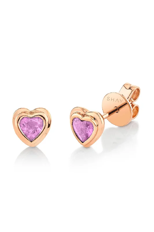 Mini Dresses for Garden Parties -MINI ME PINK SAPPHIRE BEZEL HEART STUD EARRINGS