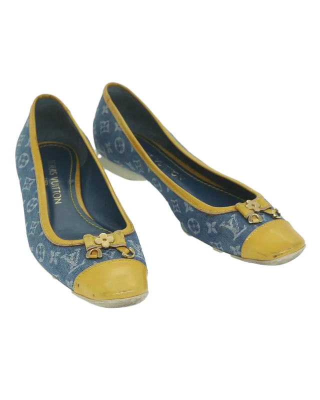 Ladies shoes for weddings sparkle beautifully always -Monogram Denim Blue Yellow Pumps Shoes LV