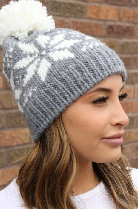 Vintage cap with distressed logo detail -Gray Snowflake Fleece Lined Knit Pompom Beanie Winter Womens