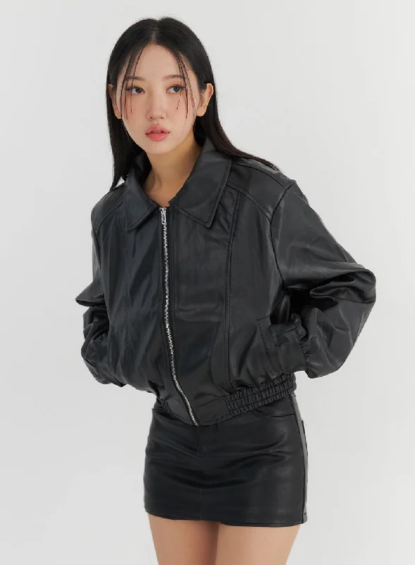 Branded Jackets for Quality -Collar Faux Leather Zip-Up Jacket CO325