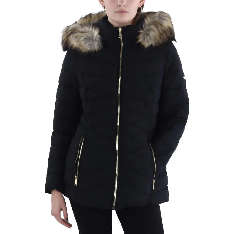 Travel Jackets for On-the-go -Laundry by Shelli Segal Womens Faux Fur Trim Hooded Puffer Jacket