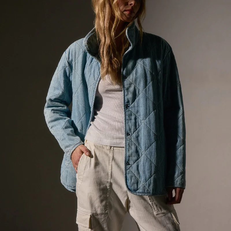 Parka Jackets for Cold Weather -Diamond Quilted Denim Jacket - Bleach Wash