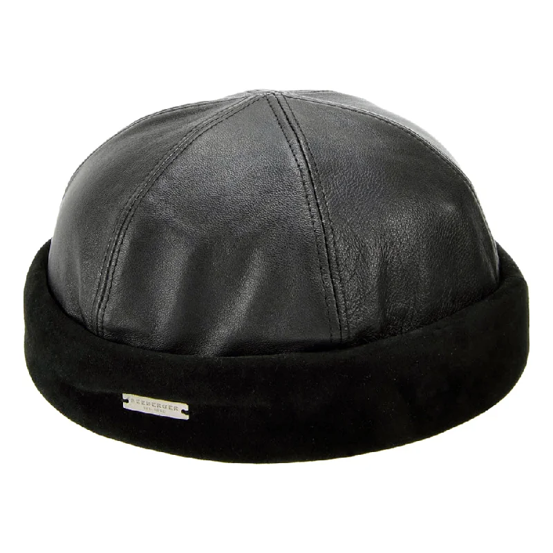 Washed cap with soft vintage feel -Seeberger Hats Leather Docker Beanie Hat - Black