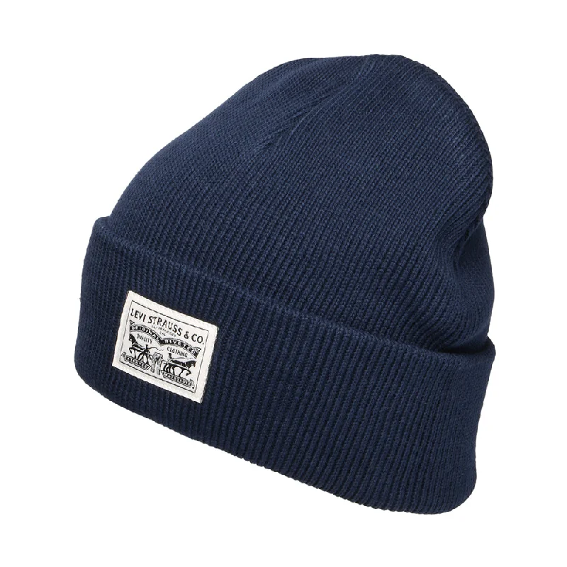 Waterproof cap for rainy day protection -Levi's Hats Backpatch Cotton Beanie Hat - Navy Blue