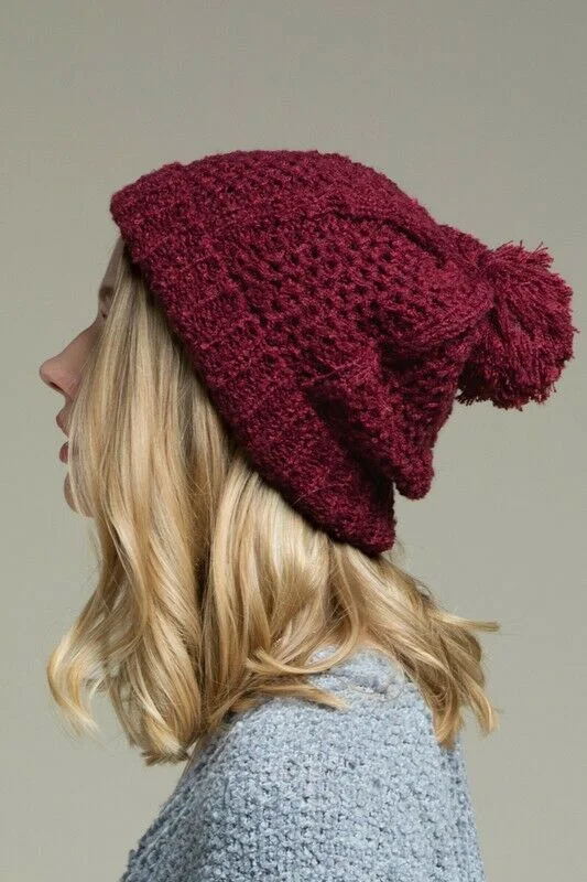 Breathable mesh cap for hot weather comfort -Burgundy Soft Knit Textured Pompom Beanie Womens Winter Hat