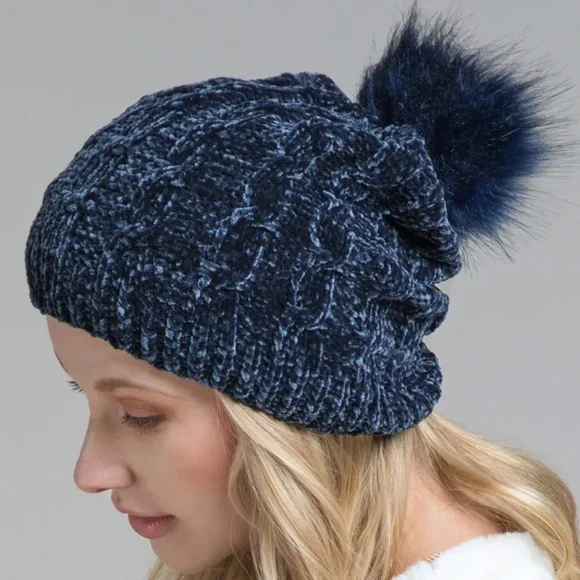 Designer baseball cap for luxury streetwear -Navy Blue Luxury Chenille Cable Knit Faux Fur Pom Pom Winter Beanie Womens Hat