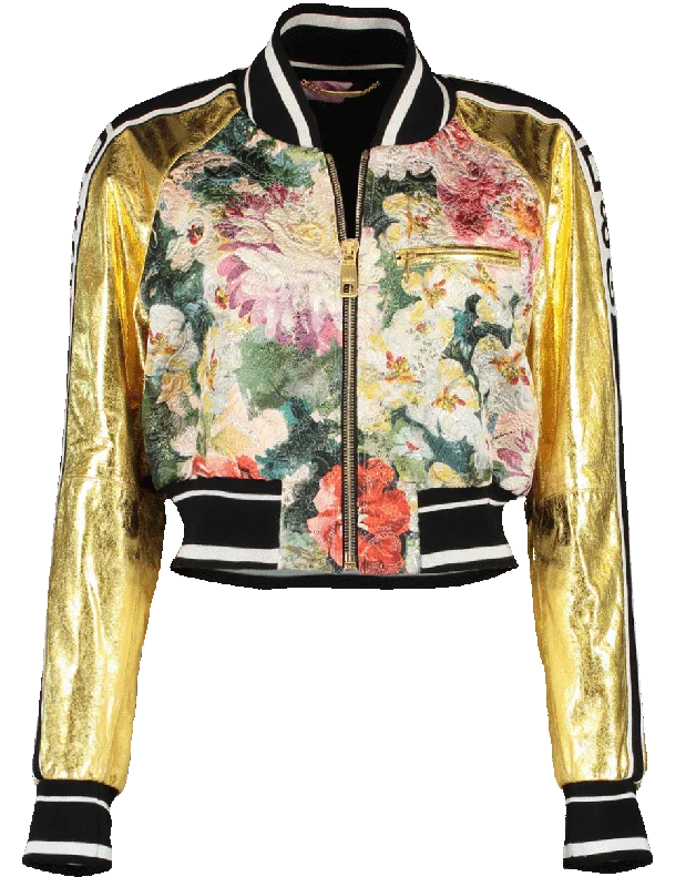 Camouflage Jackets for Utility -Leather Brocade Cropped Jacket