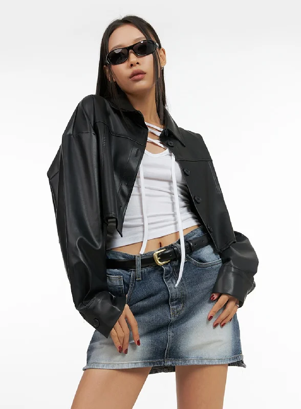 Hooded Jackets for Added Coverage -Buttoned Faux Leather Cropped Jacket IS427