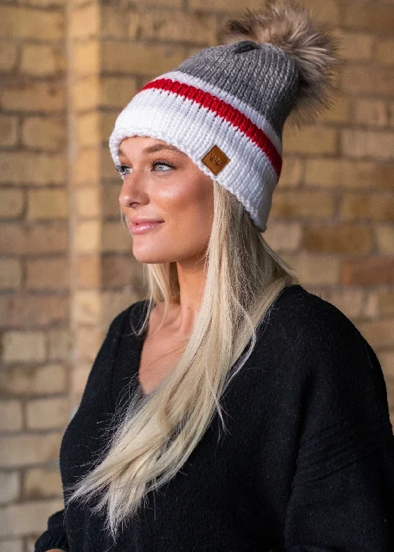 Embroidered logo cap for team spirit Pride -Gray White Red Striped Knit Fleece Lined Faux Fur Pom Women's Winter Beanie Hat