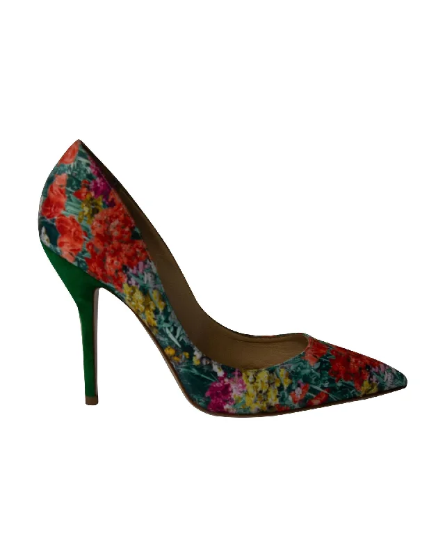 Ladies shoes with pointed toes look sleek -Floral Print Silk and Suede High Heel Pumps