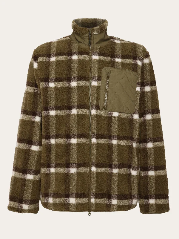 Down Jackets for Cold Protection -Teddy high neck check zip jacket - GRS/Vegan - Green check