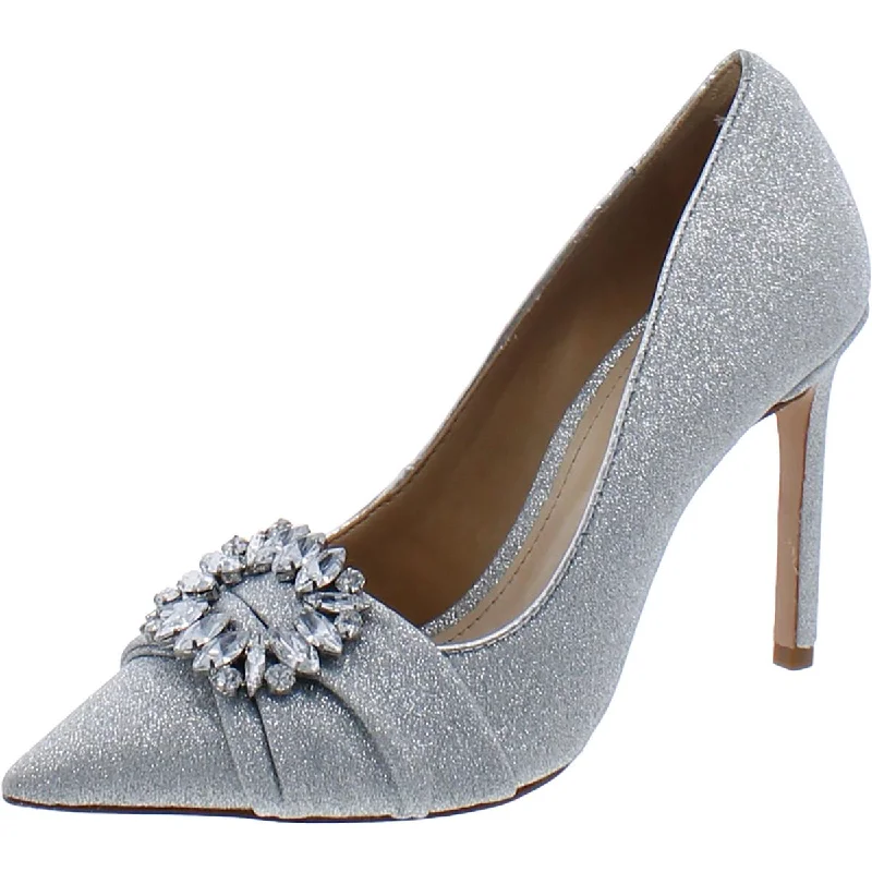 Ladies shoes featuring gemstone accents shine subtly -Schutz Womens Faux Leather Rhinestone Pumps