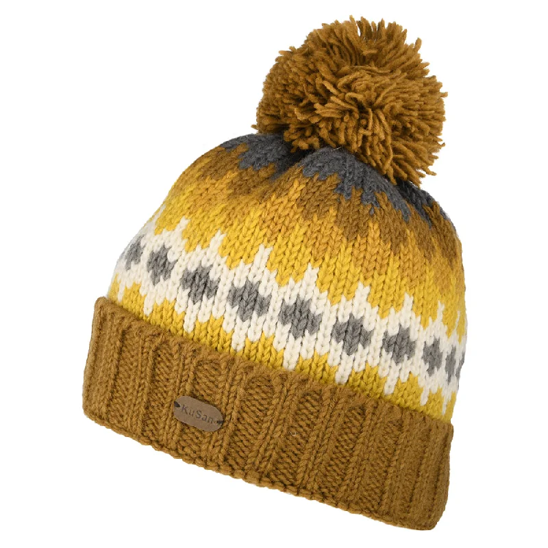 Graphic print cap for artistic expression -Kusan Turn Up Bobble Hat - Mustard