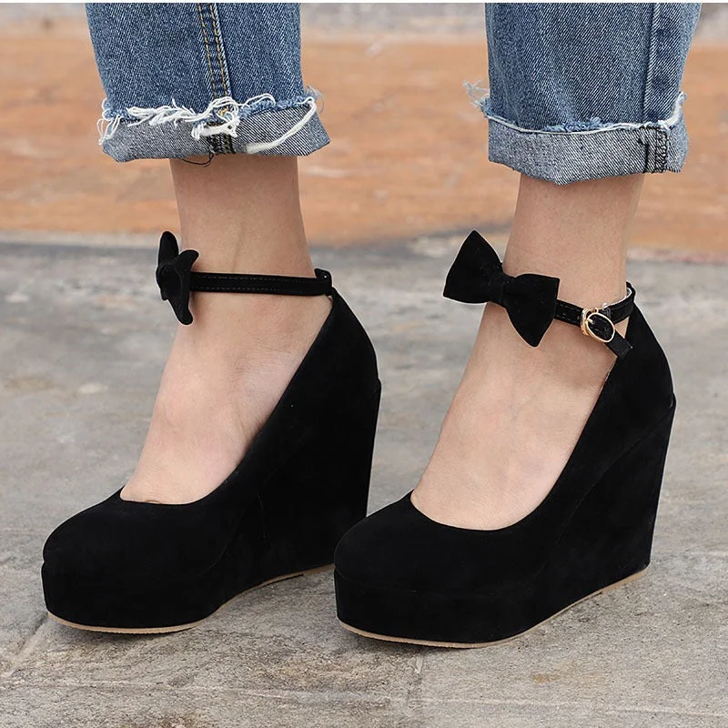 Ladies shoes with padded heels feel soft -Women's Wedges High Heels Platform Black Casual Bowtie Pumps