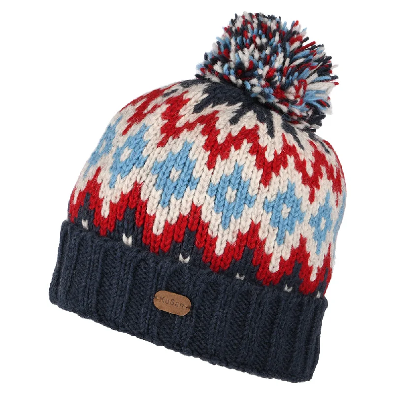 Breathable mesh cap for hot weather comfort -Kusan Diamond Turn Up Bobble Hat - Navy-Red-Cream