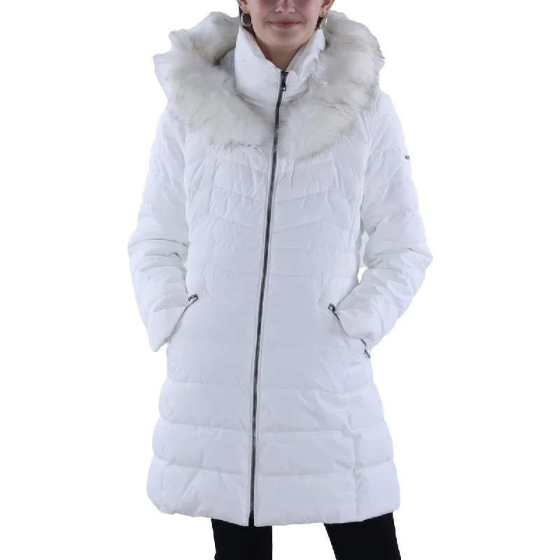 Appliquéd Jackets for Creativity -Laundry by Shelli Segal Womens Faux Fur Trim Hooded Puffer Jacket