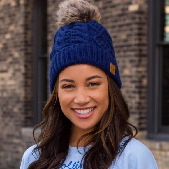 Adjustable trucker cap for outdoor summer fun -Blue Cable Knit Beanie Hat w/ Faux Fur Pompom Casual Winter Womens One Size