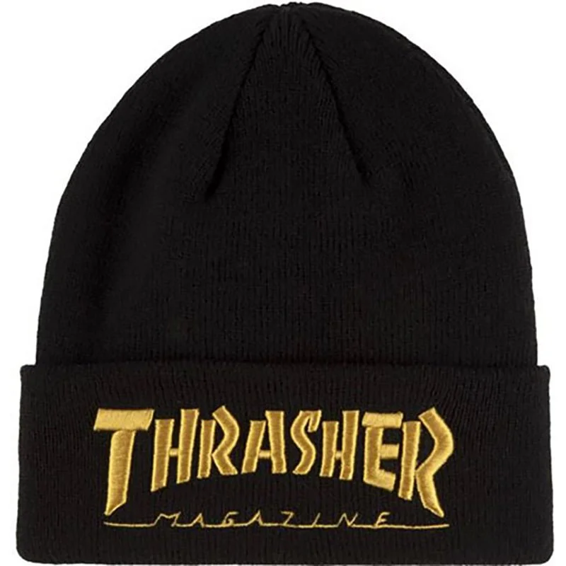 Trucker cap with retro patch design -Thrasher Skateboard Magazine Embroidered Logo Black/Gold Beanie