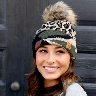 Minimal dad cap for understated charm -Leopard & Camo Fleece Lined Faux Fur Pom Winter Beanie Hat Womens