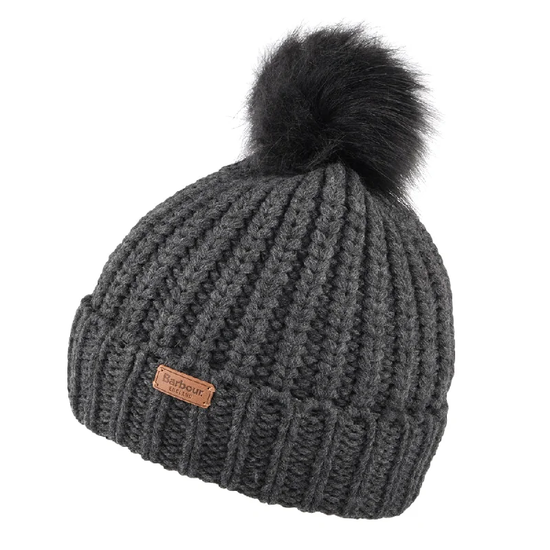 Classic cap with curved bill silhouette -Barbour Hats Saltburn Faux Fur Pom Bobble Hat - Charcoal