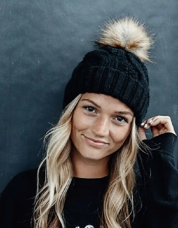 Canvas trucker cap for tough outdoor wear -Black Cable Knit Beanie Hat w/ Faux Fur Pompom Casual Winter Womens One Size