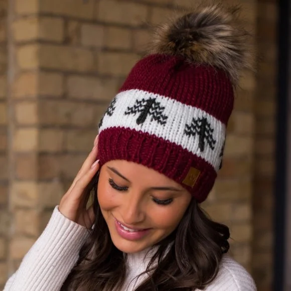 Sports team cap with bold logo front -Burgundy Green Pine Evergreen Tree Holiday Knit Faux Fur Pom Beanie Winter Hat