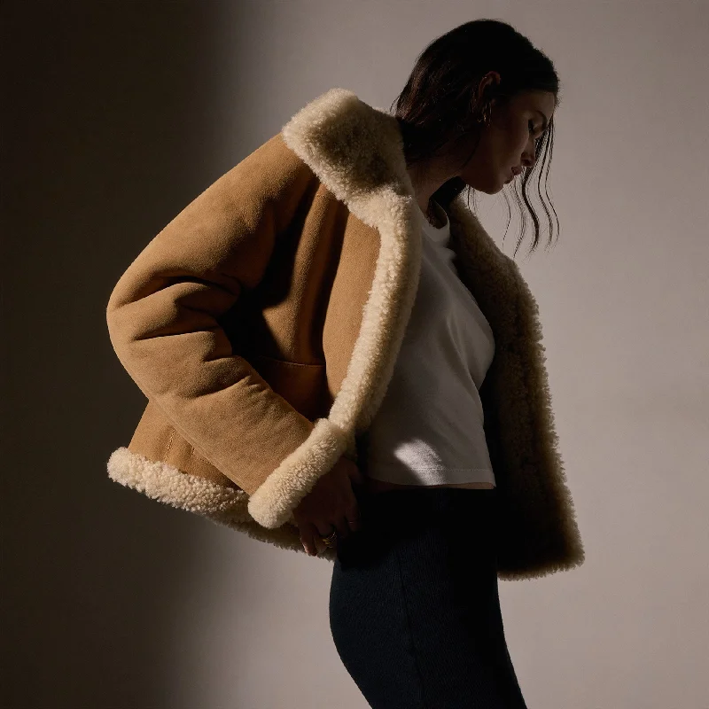 Gray Jackets for Subtle -Cropped Shearling Jacket  - Caramel