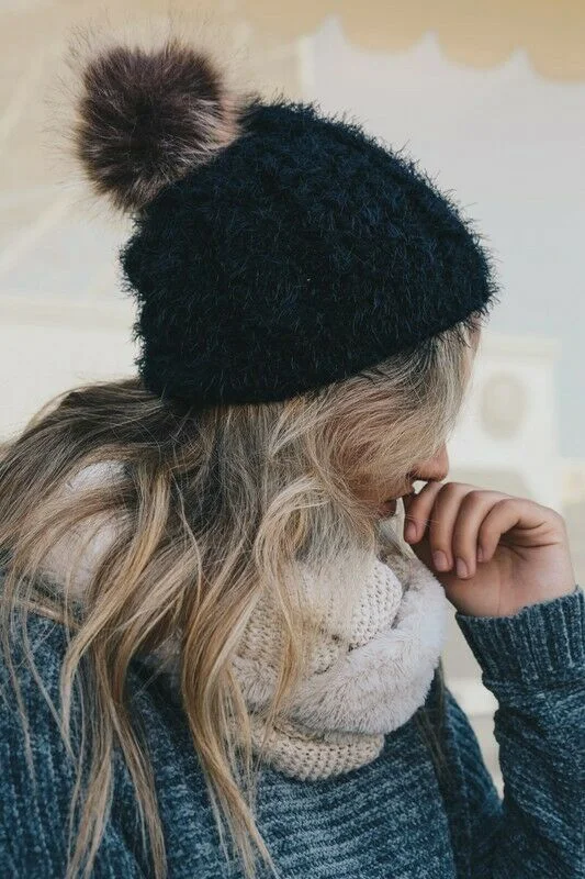 Graphic dad cap for quirky personality shine -Black Faux Mohair Soft Knit Faux Fur Pompom Winter Womens Beanie Hat