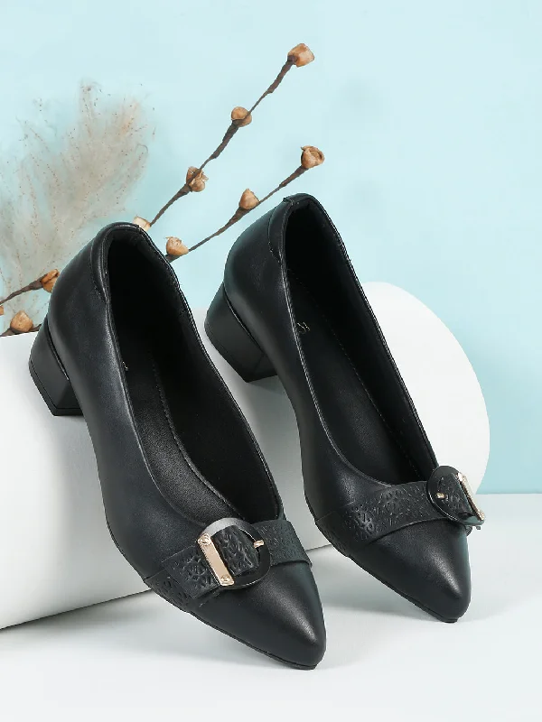 Ladies shoes for summer nights shimmer lightly -Women Black Pointed Toe Block Pumps With Buckles Details