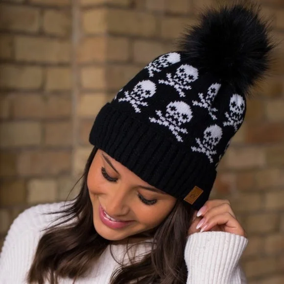 Wool blend cap for cozy fall fashion -Black Knit Skull Skeleton Crossbones Faux Fur Fleece Lined Beanie Winter Hat