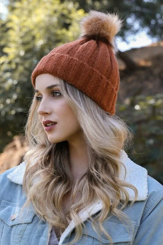 Fitted trucker cap for custom head fit -Rust Soft Knit Faux Fur Pompom Womens Winter Beanie Hat