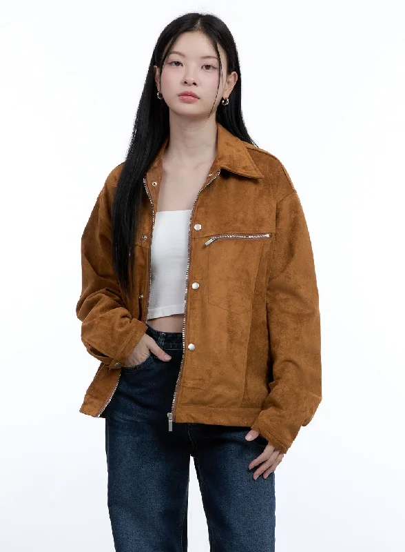 Casual Friday Jackets for Relaxed -Suede Collar Zip-Up Jacket OO429