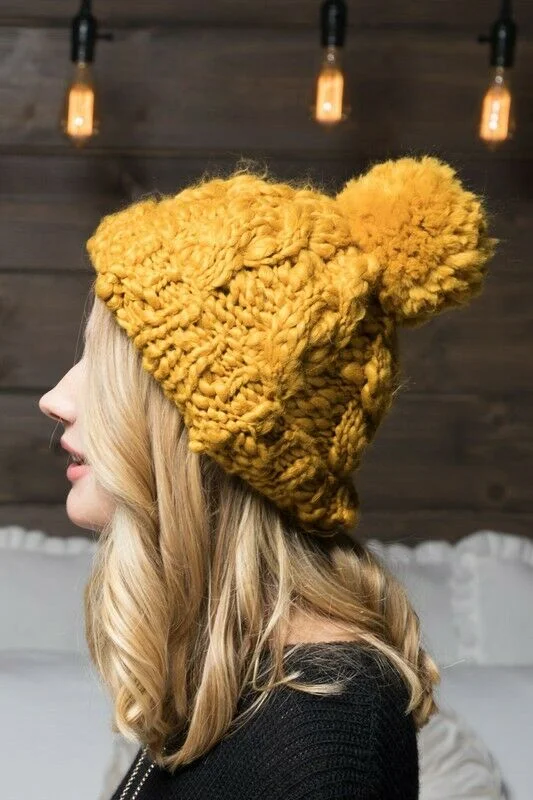 Classic cap with curved bill silhouette -Mustard Hand Knit Chunky Cable Beanie Winter Pompom Hat Womens