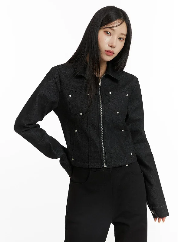 Black Jackets for Versatile -Rhinestone Zipper Denim Jacket CF401