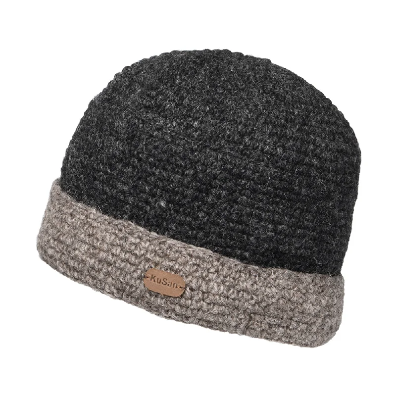 Designer cap for high-end brand appeal -Kusan Hats Crochet Turn Up Beanie Hat - Charcoal